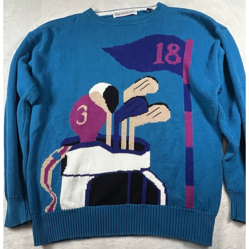 Vintage 90s JOHN ASHFORD GOLF Hole, Tee,Golf Bag 100% Cotton Knit Blue Sweater L